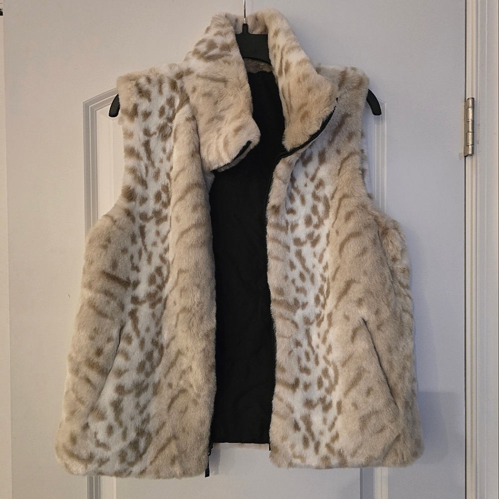 🐆 GIACCA GALLERY Reversible BROWN LYNX FAUX FUR Spotted Snow Leopard VEST - Picture 2 of 10